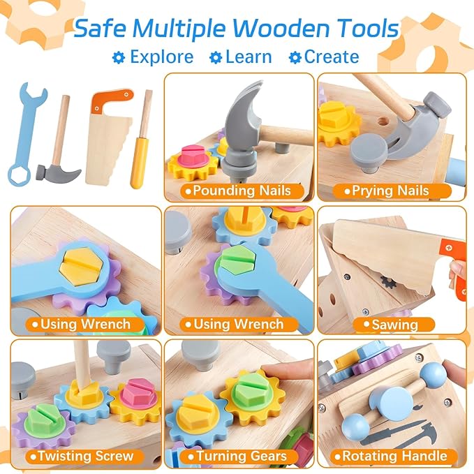 Aliex Wooden Kids Tool Set, 30pcs Toy Tools for Toddlers with Vest, Tool Kit Toddler Montessori Stem Learning Educational Toys for 3 4 5 Years Old Boys Girls, Birthday Gift for Kids-CubbioJoy