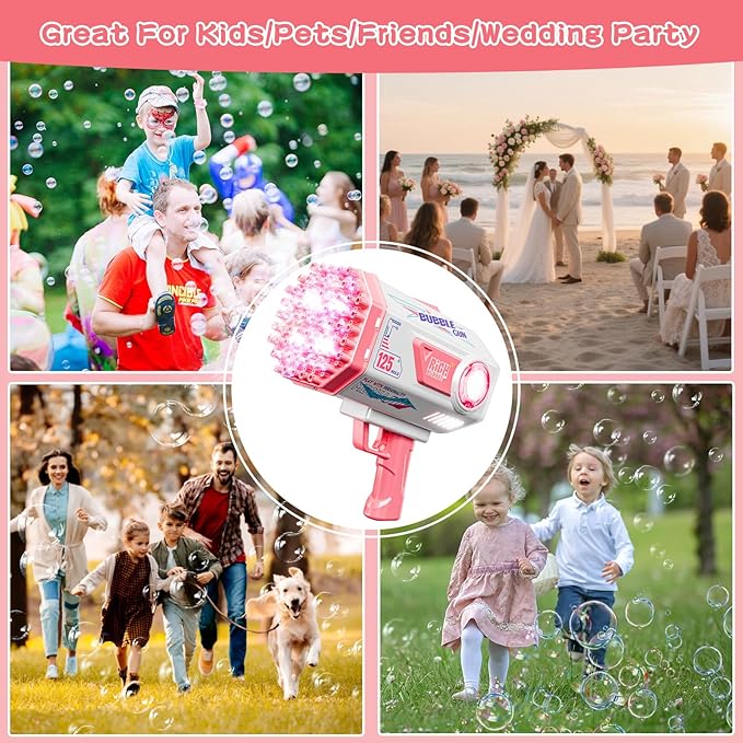 BOMOCO Bubble Gun,125 Holes Bubble Machine Bubbles for Kids Age 3-12,Bubble Blaster Gun with Bubble Solution Summer Outdoor Bubble Toys Birthday Wedding Halloween Party Favors Gifts Bubble Maker,Pink-CubbioJoy