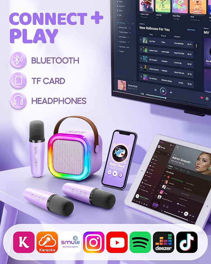 IROO Mini Karaoke Machine for Kids, 2025 TOP Toys Birthday Gifts Ideas for Girls Ages 4, 5, 6, 7, 8, 9, 10, 12+ Years Old, Portable MP3 Player with 3 Wireless Mics for Party-CubbioJoy