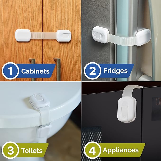 Child Safety Strap Locks (10 Pack) Baby Locks for Cabinets and Drawers, Toilet, Fridge & More. 3M Adhesive Pads. Easy Installation, No Drilling Required, White-CubbioJoy