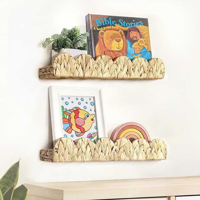 AELS Scalloped Nursery Bookshelf, Set of 2, Picture Ledge Shelf for Wall Decor, Woven Natural Water Hyacinth Floating Shelves for Books, Toys, Photo Frames, Nursery, Boho Modern Farmhouse Book Shelf-CubbioJoy