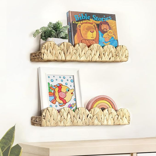 AELS Scalloped Nursery Bookshelf, Set of 2, Picture Ledge Shelf for Wall Decor, Woven Natural Water Hyacinth Floating Shelves for Books, Toys, Photo Frames, Nursery, Boho Modern Farmhouse Book Shelf-CubbioJoy