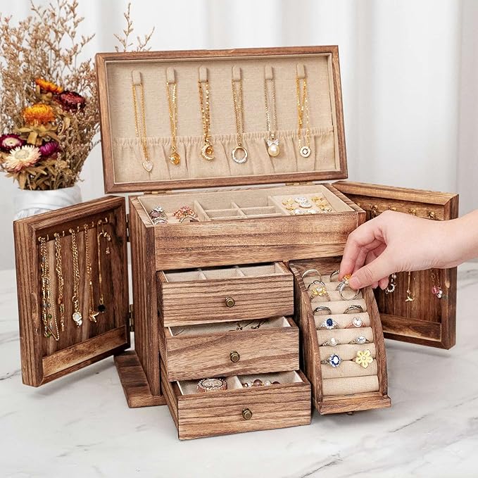 Jewelry Box Organizer, Solid Wood Jewelry Boxes for Women for Storage & Display Necklace Ring Earring Bracelet, Rustic Style Jewelry Organizer Box for Women Gifts (Carbonized Brown)-CubbioJoy