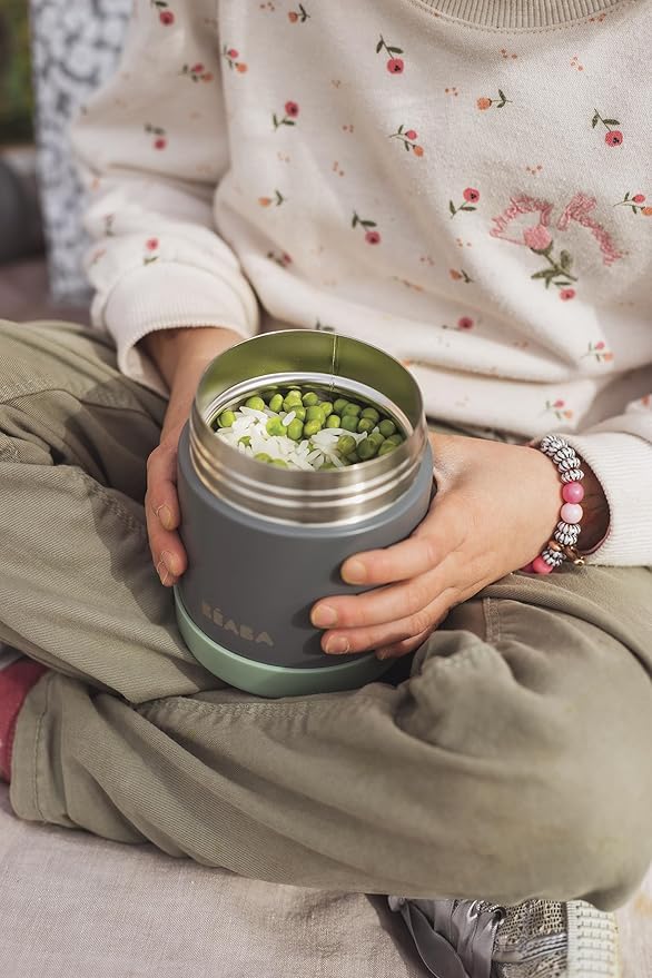 Beaba Stainless Steel Insulated Food Jar 10 oz, Kids Thermos, Lunch Containers, Leakproof, Wide Opening, Suitable for Hot and Cold Foods (Sage)-CubbioJoy