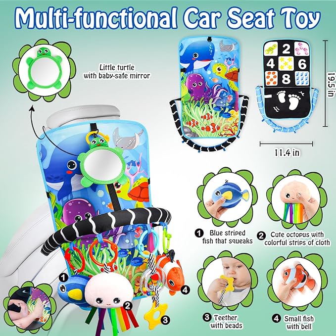 Baby Car Seat Ocean Animals Toys - Kick and Play Double Sided Infant Car Seat Toys with Plush Toys, Mirror, Teether for Baby Travel Activities, Christmas Birthday Gifts Newborn Infant Toy-CubbioJoy