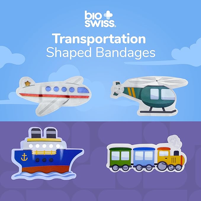 BioSwiss Bandages, Transportation Shaped Self Adhesive Bandage, Latex Free Sterile Wound Care, Fun First Aid Kit Supplies for Kids and Adults, 24 Count-CubbioJoy