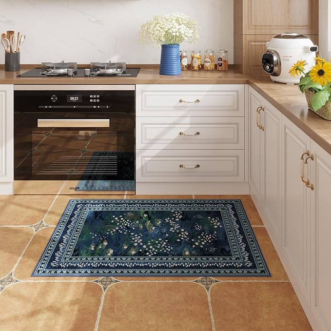 2x3 Rug Impressionist-Style Vintage Indoor Door Mat Machine Washable Small Area Rug Non-Slip Low Pile Throw Rugs for Entryway Kitchen Front Door Indoor Entrance Entry Kids Room, Blue-CubbioJoy