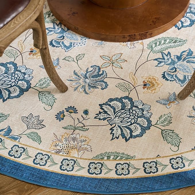 jinchan 5ft Floral Round Rug for Entryway Washable Kitchen Rug Vintage Romance Design Non Slip Indoor Doormat Lightweight Low-Profile Throw Carpet for Living Room Dining Room Bedroom, Blue/Beige-CubbioJoy