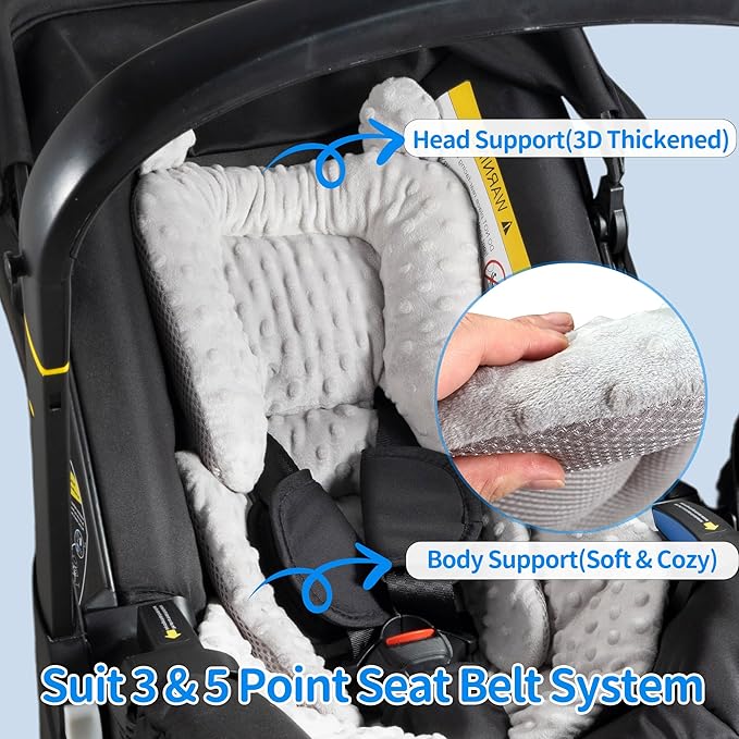 3in1 Baby CarSeat Head Support for Infant, Reversible Soft Infant Car Seat Insert Newborn Boy Girl, Breathable Cotton Head Body Support Pillow Cushion,Stroller,Swing,Bouncer,Baby Registry,Grey-CubbioJoy
