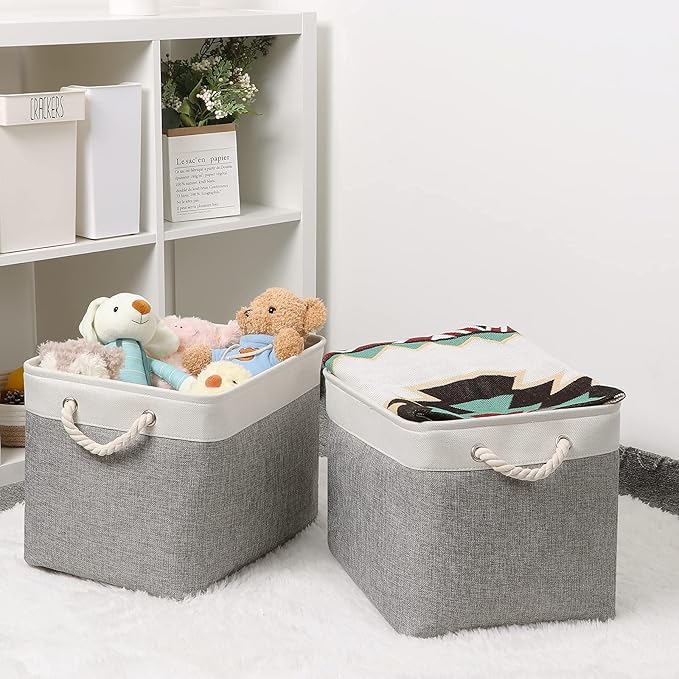 Bidtakay Storage Baskets for Organizing Large Storage Bins for Shelves 2 Pack 16x12 in Fabric Baskets for Blanket Nursery Toy Storage Collapsible Organizer Bins Closet Organizers Storage-Grey&White-CubbioJoy