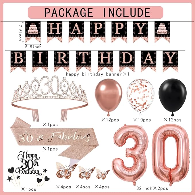 30th Birthday Decorations for Women - 56pcs Rose Gold Happy 30th Banner, 30th Birthday Crown Sash, Cake Topper, Number 30 balloons, 3D Butterflies, 4 Balloon Stands kits-CubbioJoy