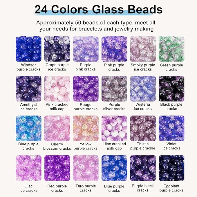 About 1200PCS 6mm Crack Glass Beads,24 Assorted Crack Violet Purple Series Colorful Crystal Beads for Bracelet and Jewelry Making and DIY Crafts,Friendship Bracelets-CubbioJoy