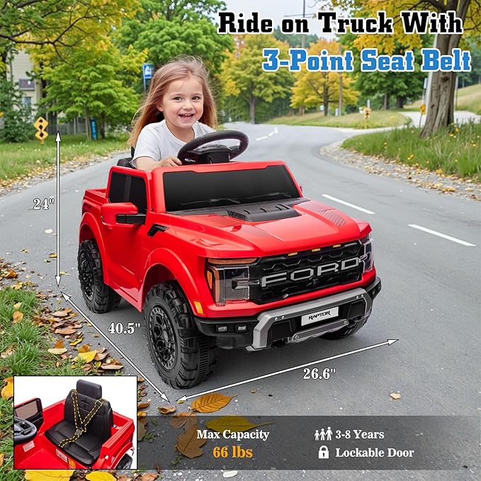 12V Ride on Car Licensed Ford F-150 Raptor, Kids Electric Car with Remote Control, LED Light/Music/MP3, Truck Bed Storage, 3-Point Seat Belt (12V, Red)-CubbioJoy