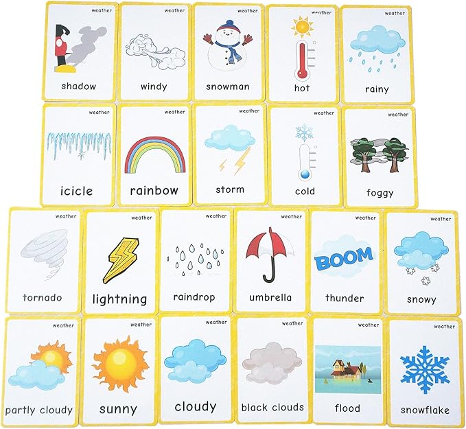 22 Weather Flash Cards(pre k flashcards) - Classroom Decorations and Early Learning Kindergarten Teacher Tools - Flash Cards Hole Punched - with 1 Ring -So You Can Sort and Organize The Cards Easily-CubbioJoy
