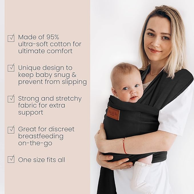 Baby Wrap Carrier - Premium Cotton Baby Carrier Wrap for Newborn to Toddler- Infant Carrier- Baby Holder One Size Fits All with Front Pocket (Black) by Max&so-CubbioJoy