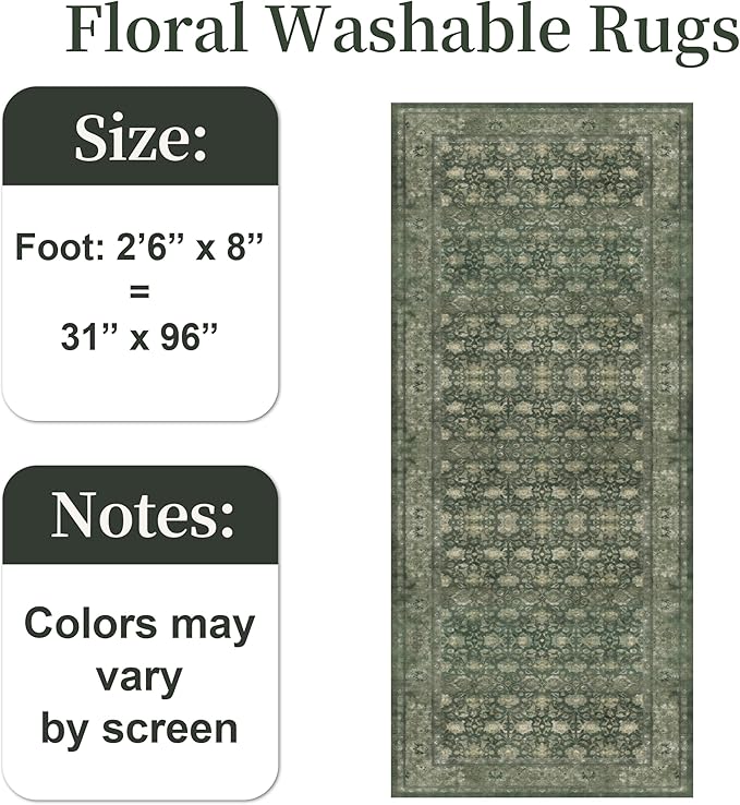 2'6x8' Washable Runner Rug for Hallway, Non Slip Vintage Floral Long Carpet Runners for Entryway, Kitchen, Bathroom, Bedroom, Low Pile Laundry Rugs Rubber Backing (Distressed Green)-CubbioJoy