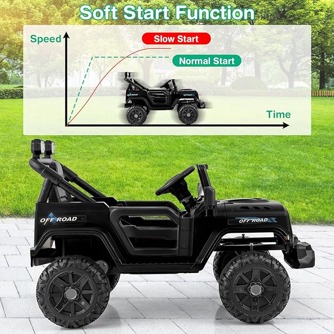 Costzon 12V Kids Ride on Truck Car, Electric Vehicle w/Remote Control, Threaded Wheels, 3 Speeds, LED Lights, Music, Horn & Wireless Connection, Battery Powered Ride on Toy for Boys & Girls 3+ (Black)-CubbioJoy