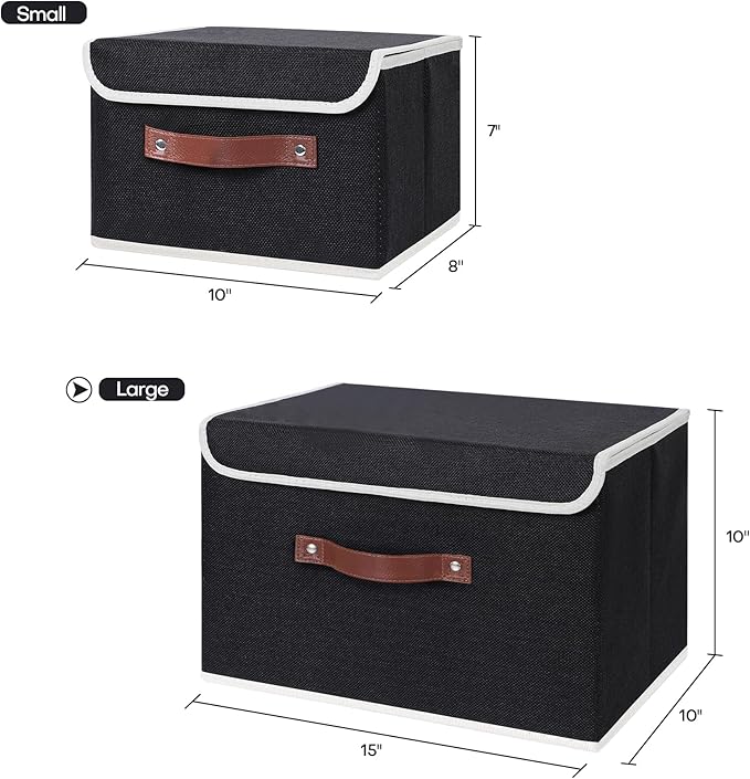 ANMINY Storage Bin with Lid Storage Boxes with PU Leather Handles PP Plastic Board Decorative Foldable Lidded Cotton Linen Fabric Home Cubes Baskets Closet Organizer Container - Black, Large Size-CubbioJoy