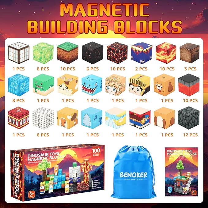 Dinosaur Magnetic Blocks,Dino Volcano World Magnet Building Toys, Sensory Montessori Toys for STEM Learning, Toddler Gift for Boys & Girls Age 3-4 4-5 6-8-CubbioJoy
