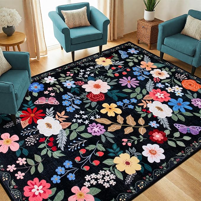6x9 Area Rugs for Living Room: Floral Washable Rug Vintage Large Soft Boho Non-Slip Carpet Indoor Floor Stain Resistant Thin Carpets for Bedroom Dining Room Farmhouse Nursery Hallway Home Office Black-CubbioJoy