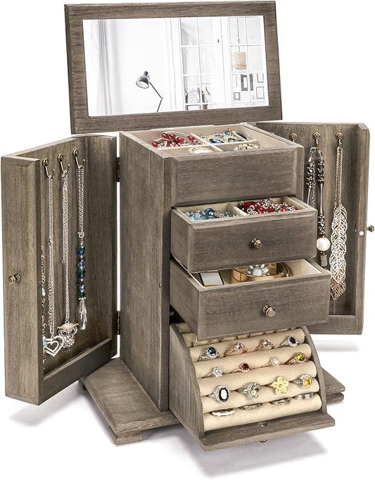 Jewelry Box for Women, Rustic Wooden Jewelry Boxes & Organizers with Mirror, 4 Layer Jewelry Organizer Box Display for Rings Earrings Necklaces Bracelets (Weathered Gray)-CubbioJoy