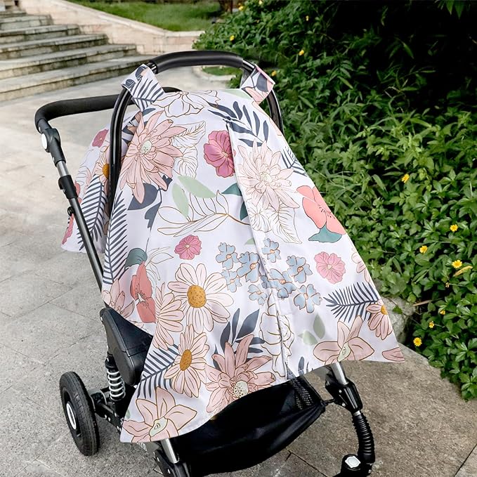 Car Seat Cover Baby, Infant Car Seat Canopy Covers for Newborn Girls Boys, Soft Breathable Minky Carseat Covers Stretchy Multi-Use Nursing Cover for Stroller Baby Car Seat, Daisy Flroal-CubbioJoy