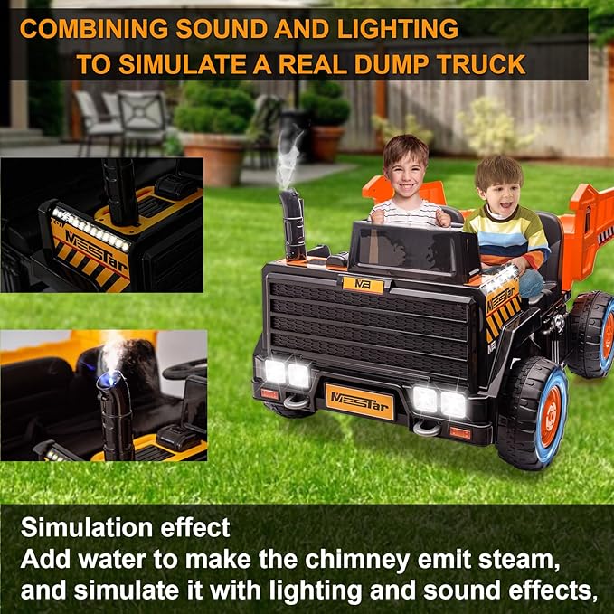 24V Ride On Dump Truck, 24inch-2 Seater Ride On Car for Kids w/Remote Control 4WD/2WD Up to 5 Mph, 24v Ride on Toys for Big Kids w/Electric Dump Bed Extra Shovel Traffic Cones (Orange)-CubbioJoy