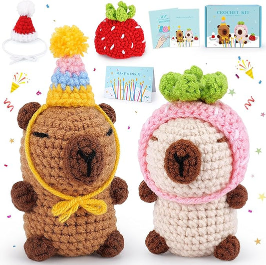 Crochet Kit for Beginners-2PCS Animals Brown and Beige Capybara Crochet Kit with Step-by-Step Video Tutorials, Stuffed Animal Knitting Kit for Adult Kids, Capybara Party Crocheting Kit for Birthday-CubbioJoy