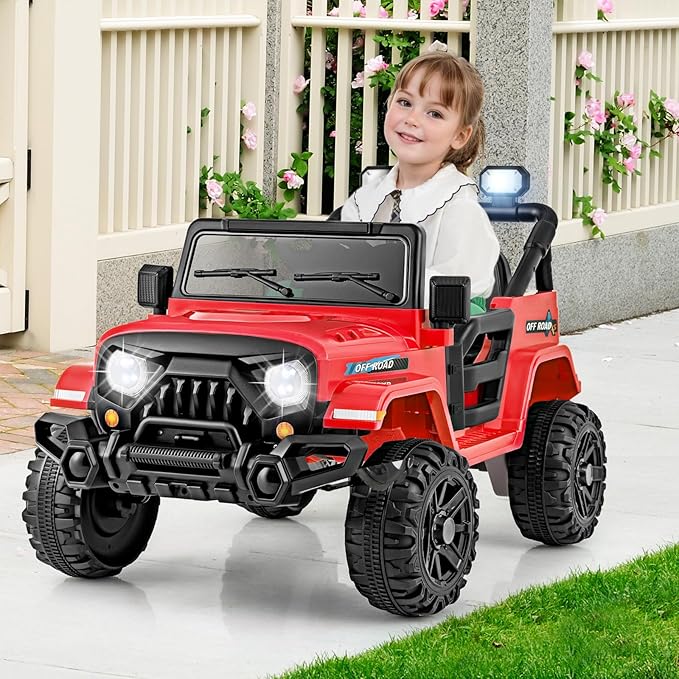 Costzon 12V Kids Ride on Truck Car, Electric Vehicle w/Remote Control, Threaded Wheels, 3 Speeds, LED Lights, Music, Horn & Wireless Connection, Battery Powered Ride on Toy for Boys & Girls 3+ (Red)-CubbioJoy