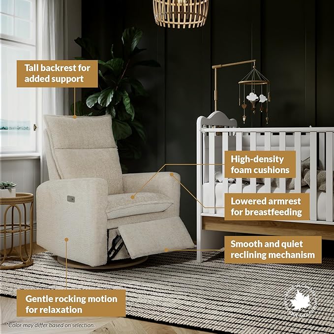 Arya Modern Nursery Chair Glider Recliner with 180° Swivel - Cozy Motorized Reclining Nursing Chair with USB Ports, Gentle Motion, Ergonomic Design, Canadian-Made (Pearl/Puppy Fabric)-CubbioJoy