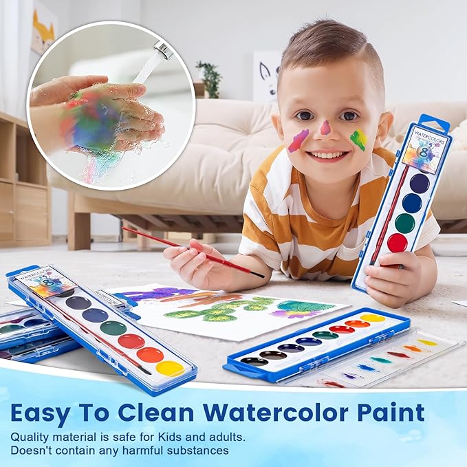 36 Pack Watercolor Paint Set, Washable Watercolor Paint Bulk for Kids, Water Color Paint with Paint Brushes, Ideal Gifts for Party Favors, School Supplies & Classroom Prizes, Art Activities, 8 Colors-CubbioJoy