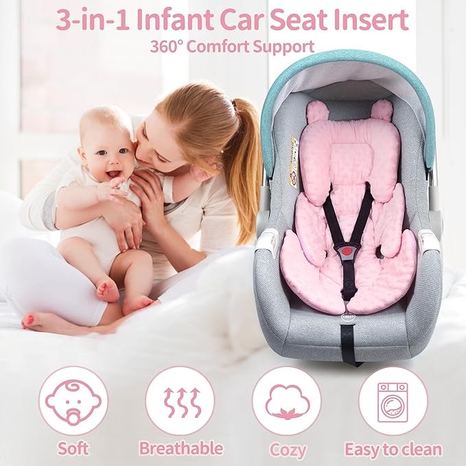 3in1 Reversible Carseat Head Body Support Newborn,3D Minnky Infant Car Seat Insert,Extra Soft Breathable Baby Car Seat Pillow Cushion Boys Girls,fit Stroller,Bouncer,Swing(Pink)-CubbioJoy