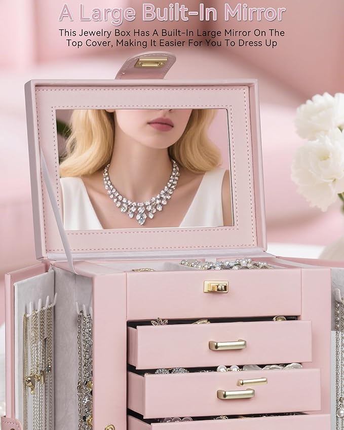 AKOZLIN 360° Rotating Jewelry Box 6-Tier Organizer Functional Jewelry Storage Case for Women Girls Ring Necklace Earring Bracelet Holder with Mirror Pink-CubbioJoy