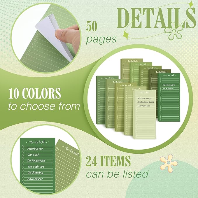 Censen 10 Pack 500 Sheets To Do List Notes Daily Checklist Notepads with 50 Sheets Each Undated Color Memo Pad Block Shopping List Pad Weekly Plan Notepad Organizer Planners(Gradient Green,Lined)-CubbioJoy