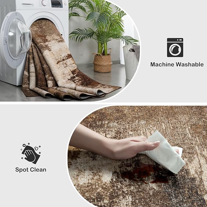 Kelarea Living Room Rug, 6x9 Rug Modern Abstract Washable Rugs Brown Faux Wool Vintage Carpets, Non Slip Rug for Bedroom, Dining Room, College Dorm, Kids Playroom, Home Office-CubbioJoy