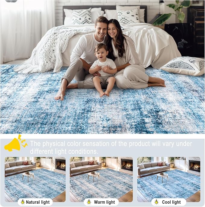 Area Rugs Living Room Rug - 4x6 Washable Modern Abstract Soft Neutral Non-Slip Carpet Large Indoor Floor Thin Carpets for Bedroom Dining Room Farmhouse Nursery Home Office Blue Grey-CubbioJoy