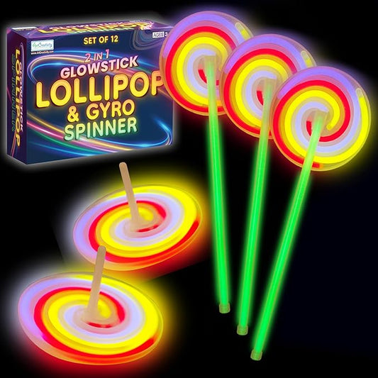ArtCreativity Lollipop Glow Sticks for Kids - Set of 12 Spinner Light Up Sticks - Halloween Glow Stick Light Up Party Favors - Glow in The Dark Accessories-CubbioJoy