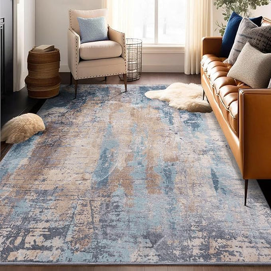 Area Rug Living Room Rug, 5x7 Modern Abstract Washable Rug Beige Blue Non Slip Foldable Faux Wool Vintage Carpet, Fluffy Non-Shedding Rugs for Living Room, Bedroom, Dining Room, Kids Playroom-CubbioJoy