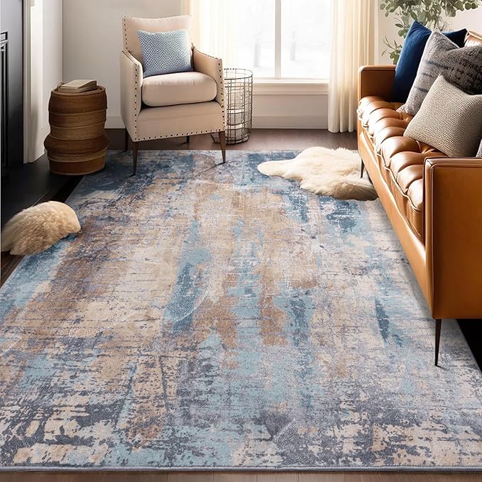 Area Rug Living Room Rug, 4x6 Modern Abstract Washable Rug Beige Blue Non Slip Foldable Faux Wool Vintage Carpet, Fluffy Non-Shedding Rugs for Living Room, Bedroom, Dining Room, Kids Playroom-CubbioJoy