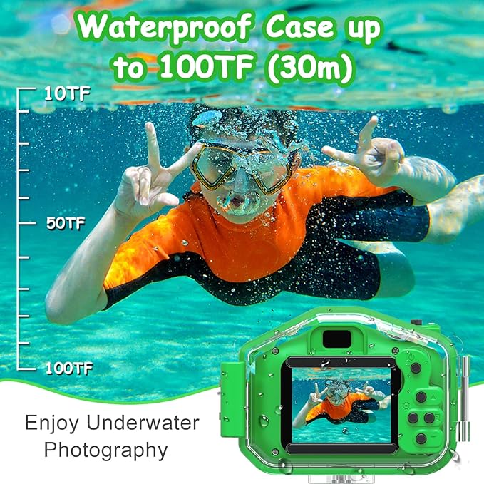 Agoigo Kids Waterproof Camera - Children Underwater HD Video Digital Camcorder, Portable Travel Toy for Toddler - Ideal Christmas Birthday Gifts for Boys Girls Age 3-12 with 32GB Card (Green)-CubbioJoy