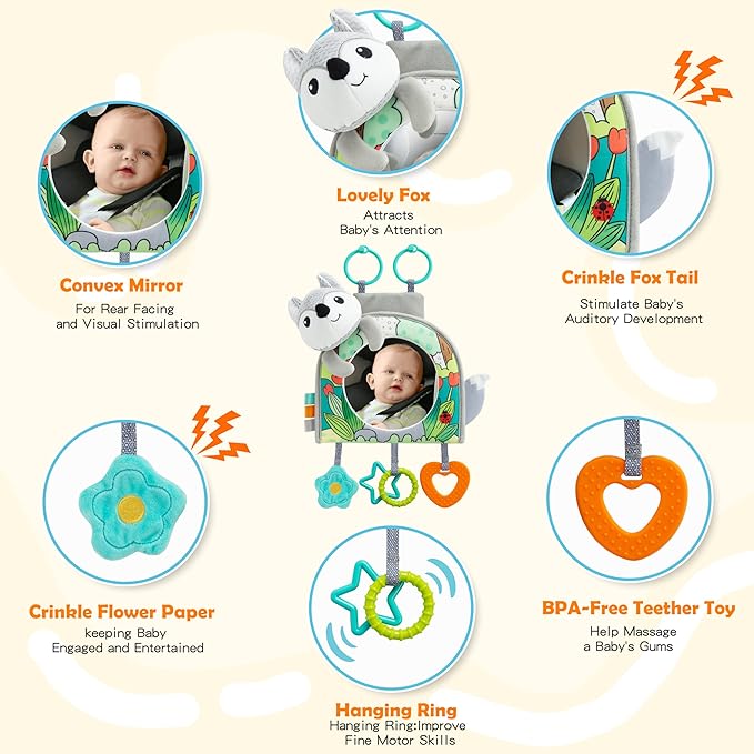 Car Seat Toy, Car Mirror for Baby, Baby Mirror for Car, Baby Car Mirror for Baby Rear Facing, Travel Baby Activity Center with Hanging Engaging Toys for infants Babies 0-6-12-18 Months Boy Girl-CubbioJoy