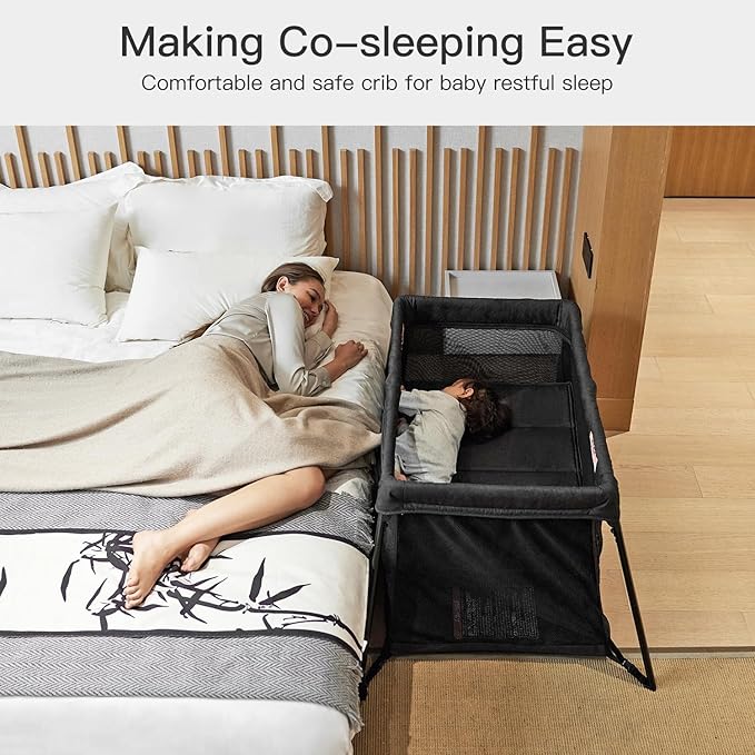 2 in 1 Portable Travel Crib for Toddler, Foldable Crib for Baby, Lightweight Playpen Collapsible Playard with Soft Mattress, Easy to Carry Baby Travel Bed for Outdoor, Indoor (Black)-CubbioJoy