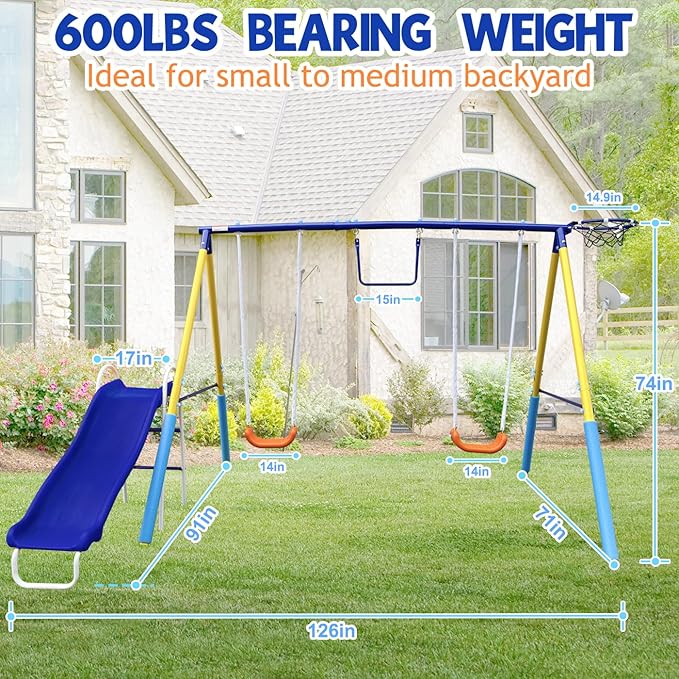 5-in-1 Backyard Swing Set for Kids Ages 3-8 | Outdoor Playset with Slide, 2 Safe Swing Seats, Basketball Hoop & Gymnastics Rings | Heavy-Duty HDPE & Steel Frame-CubbioJoy