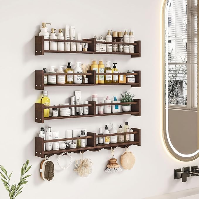 34Inch Nursery Bookshelves,Set of 4,Wall Floating Shelf Kids Coat Rack with 6Hooks,Hanging Book Shelf for Baby Nursery Room Décor (Dark Brown, 34)-CubbioJoy