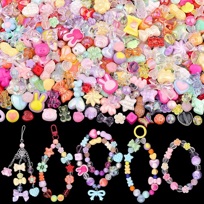 Assorted 170-230PCS Mixed Colors Acrylic Beads for Bracelet Making, Flower Bow Butterfly GummyBear Aesthetic Bracelet Charms,Cute Beads for Jewelry Making DIY Necklace Keychain Phone Charm-CubbioJoy