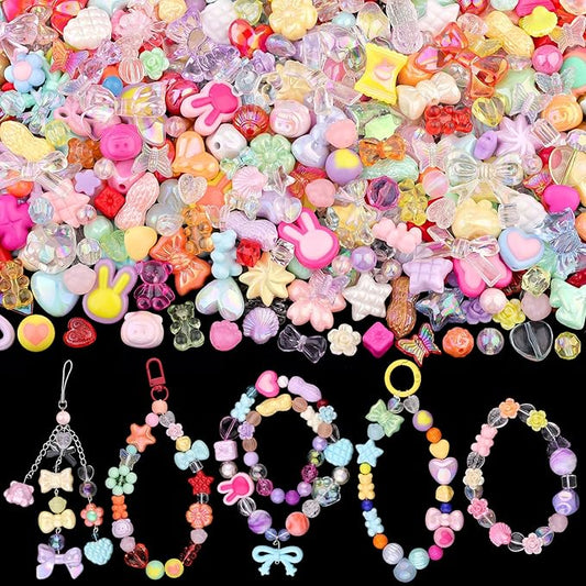 Assorted 170-230PCS Mixed Colors Acrylic Beads for Bracelet Making, Flower Bow Butterfly GummyBear Aesthetic Bracelet Charms,Cute Beads for Jewelry Making DIY Necklace Keychain Phone Charm-CubbioJoy