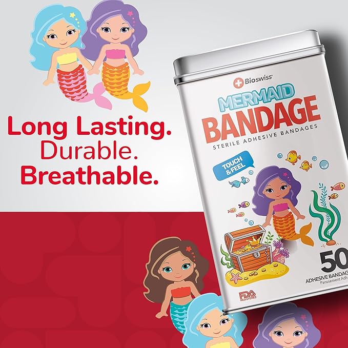 BioSwiss Bandages, Mermaid Shaped Self Adhesive Bandage, Latex Free Sterile Wound Care, Fun First Aid Kit Supplies for Kids, 50 Count-CubbioJoy