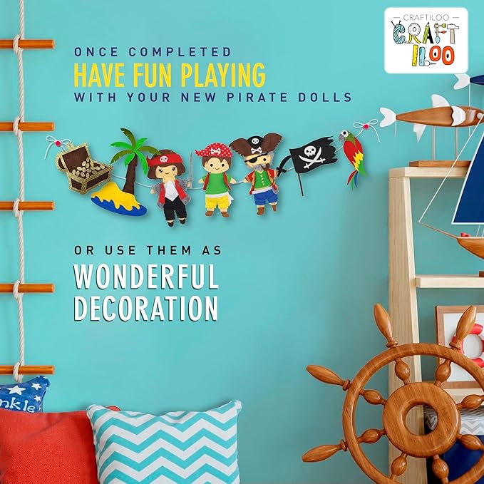 CRAFTILOO Pirates Pre-Cut Fun Kids Sewing Kit for Kids Ages 8-12 Children Beginners Sewing kit Kid Crafts Make Your Own Felt Pillow Plush Craft Kit Girls and Boys Art Craft Kits Learn to Sew Kit-CubbioJoy