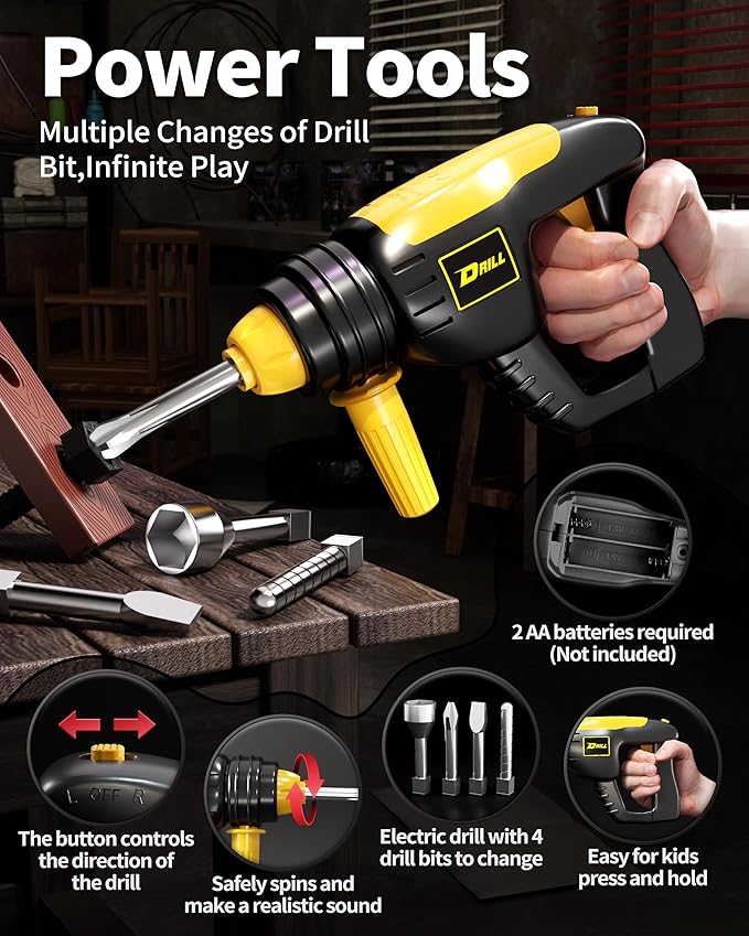 Deejoy 54Pcs Large Kids Tool Set with Electric Saw & Electronic Toy Drill, Pretend Play Kids Construction Set for Toddler 3-5 Years Old, Toddler Boy Toys-Orange-CubbioJoy