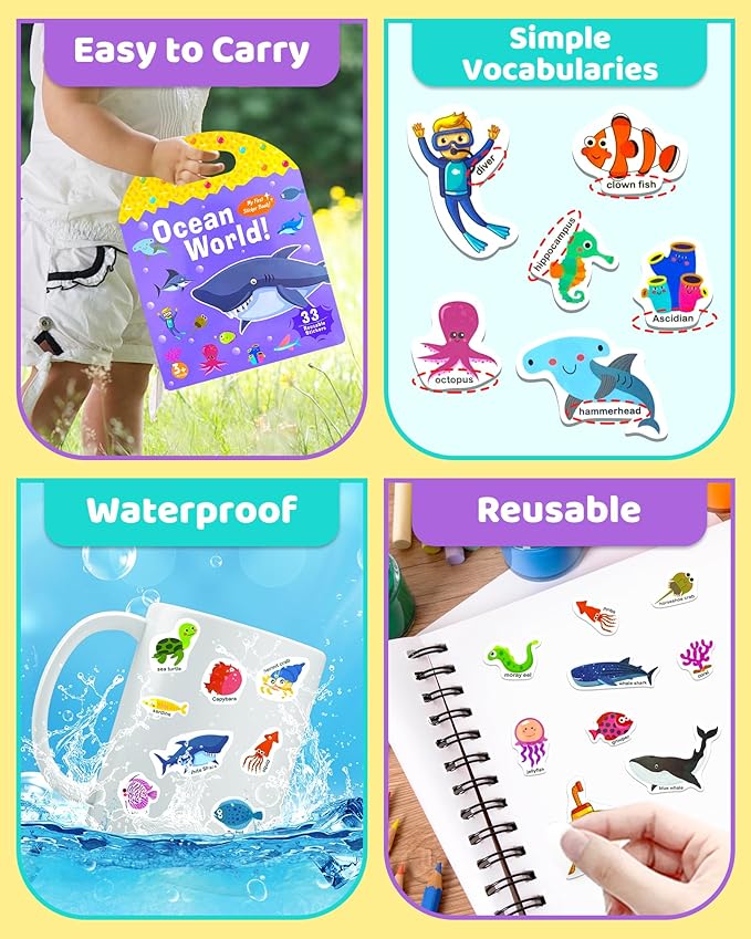 Benresive Reusable Sticker Book for Toddlers 2-4 Years, Fun Travel Stickers for Kids, Waterproof Sticker Books for Toddlers 1-3, Crafts Activities for Todddlers 1-3 2-4 3-5 - Ocean World-CubbioJoy